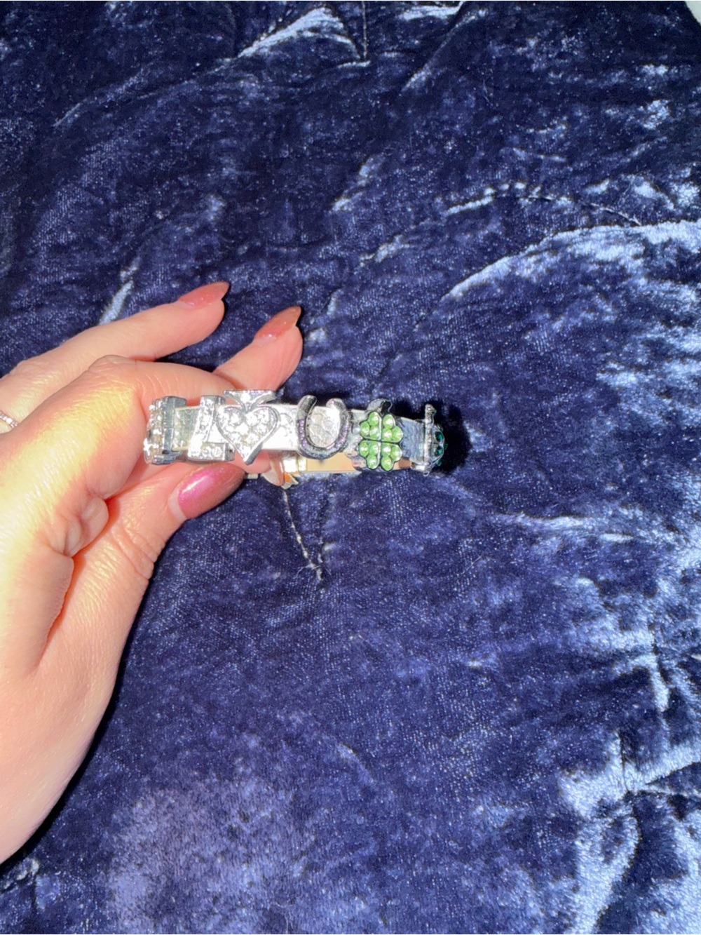 Silver Charm Bracelet with Green Clover Accent